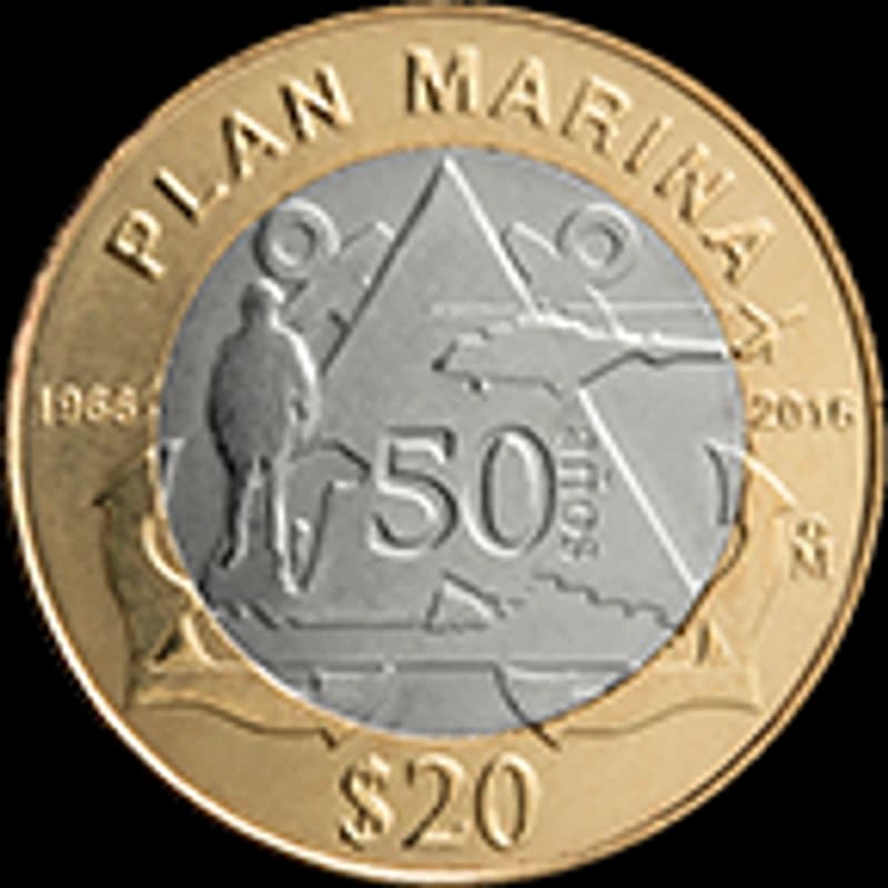 Moneda 20 pesos 50 aniversario de la aplicación del Plan Marina — reverso
